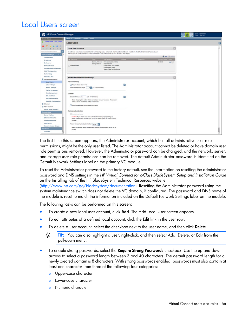 Local users screen | HP Virtual Connect Flex-10 10Gb Ethernet Module for c-Class BladeSystem User Manual | Page 66 / 290