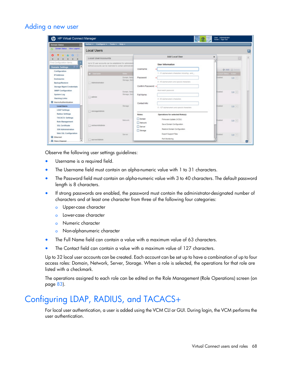 Adding a new user, Configuring ldap, radius, and tacacs | HP Virtual Connect Flex-10 10Gb Ethernet Module for c-Class BladeSystem User Manual | Page 68 / 290