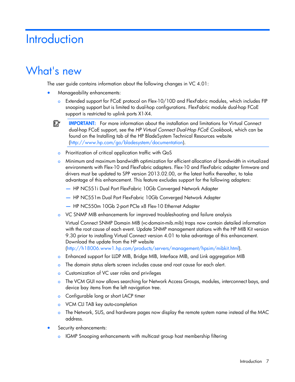 Introduction, What's new | HP Virtual Connect Flex-10 10Gb Ethernet Module for c-Class BladeSystem User Manual | Page 7 / 290