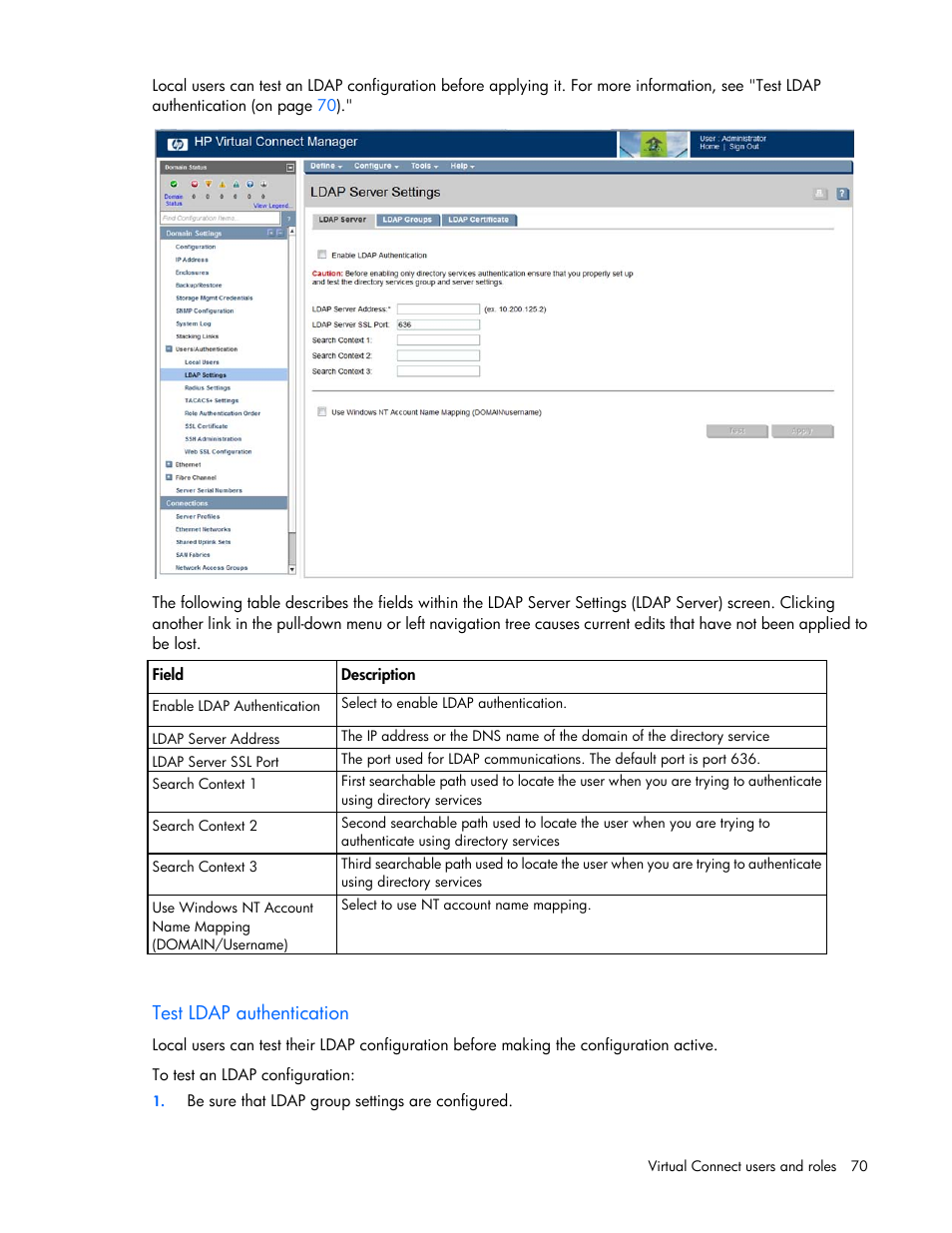 Test ldap authentication | HP Virtual Connect Flex-10 10Gb Ethernet Module for c-Class BladeSystem User Manual | Page 70 / 290