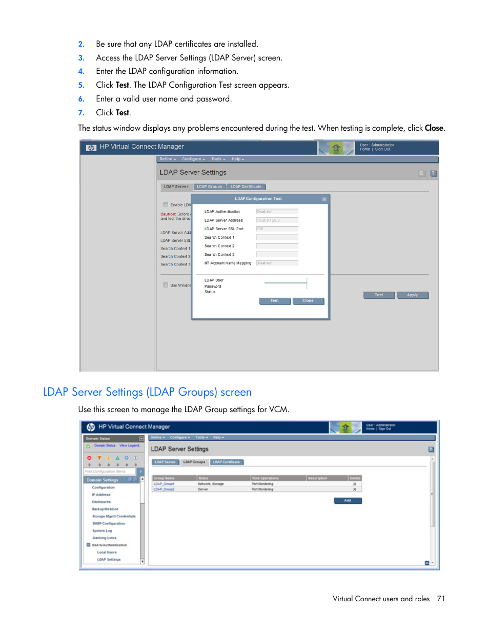 Ldap server settings (ldap groups) screen | HP Virtual Connect Flex-10 10Gb Ethernet Module for c-Class BladeSystem User Manual | Page 71 / 290