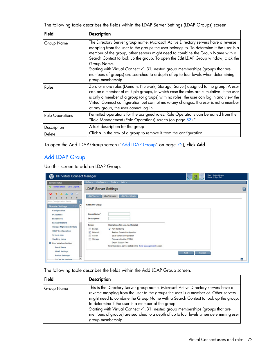 Add ldap group | HP Virtual Connect Flex-10 10Gb Ethernet Module for c-Class BladeSystem User Manual | Page 72 / 290