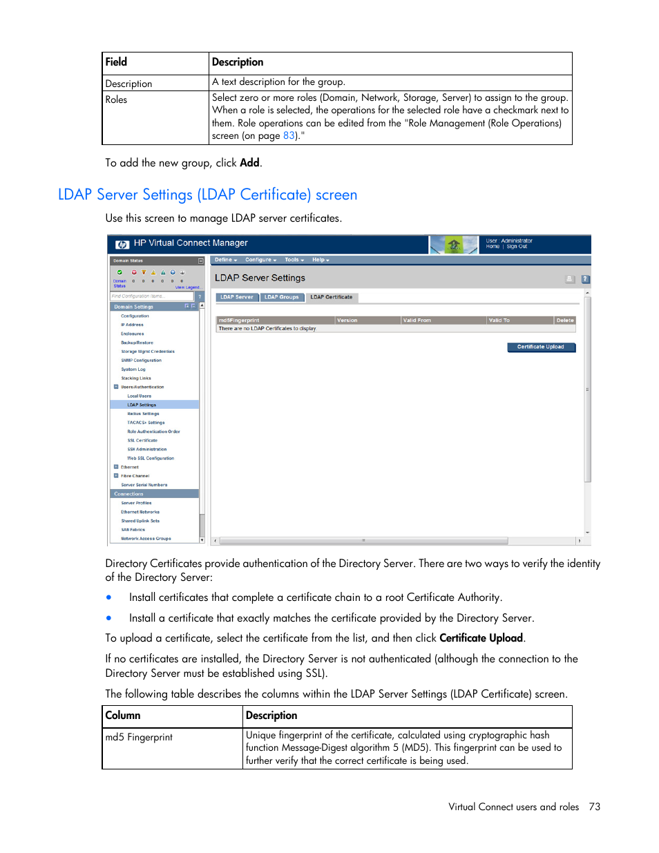 Ldap server settings (ldap certificate) screen | HP Virtual Connect Flex-10 10Gb Ethernet Module for c-Class BladeSystem User Manual | Page 73 / 290