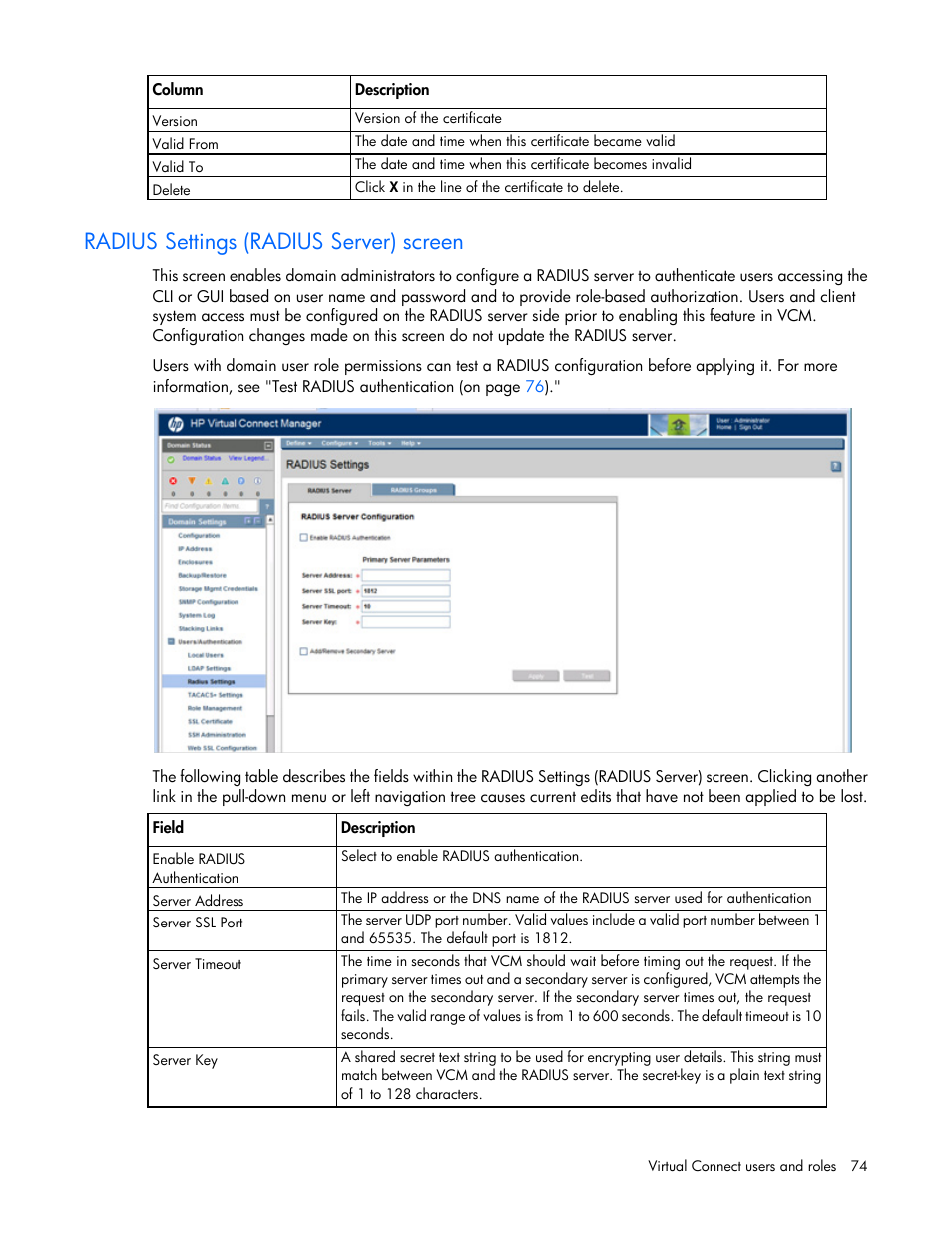 Radius settings (radius server) screen | HP Virtual Connect Flex-10 10Gb Ethernet Module for c-Class BladeSystem User Manual | Page 74 / 290