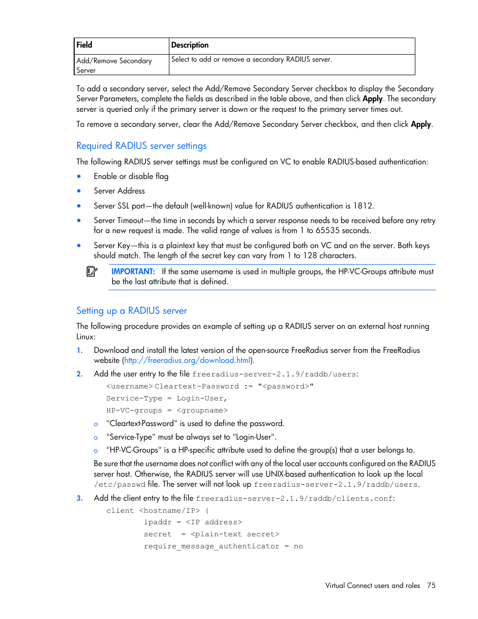 Required radius server settings, Setting up a radius server | HP Virtual Connect Flex-10 10Gb Ethernet Module for c-Class BladeSystem User Manual | Page 75 / 290