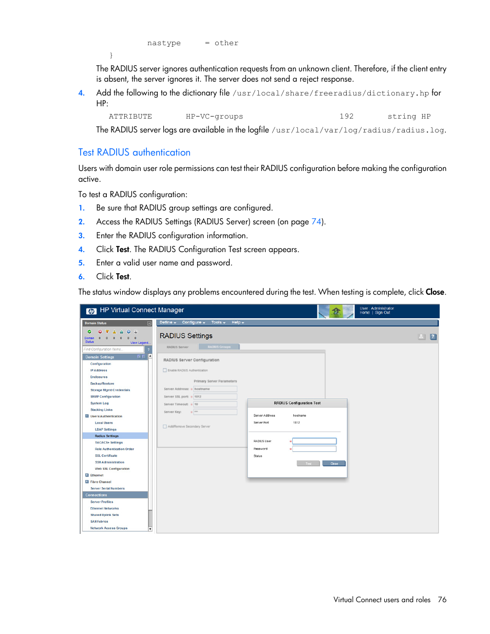 Test radius authentication | HP Virtual Connect Flex-10 10Gb Ethernet Module for c-Class BladeSystem User Manual | Page 76 / 290