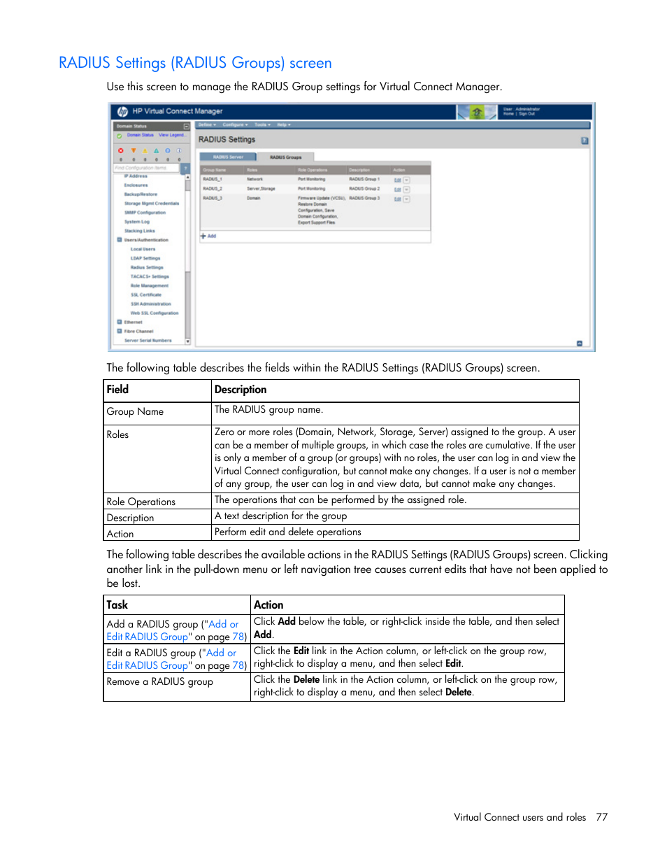 Radius settings (radius groups) screen | HP Virtual Connect Flex-10 10Gb Ethernet Module for c-Class BladeSystem User Manual | Page 77 / 290