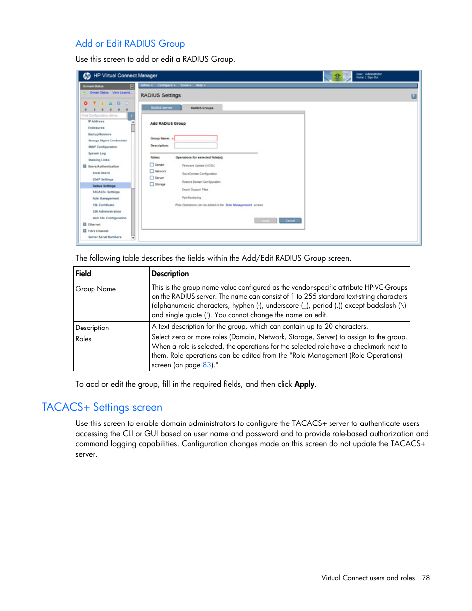 Add or edit radius group, Tacacs+ settings screen, Add or | Edit radius group | HP Virtual Connect Flex-10 10Gb Ethernet Module for c-Class BladeSystem User Manual | Page 78 / 290