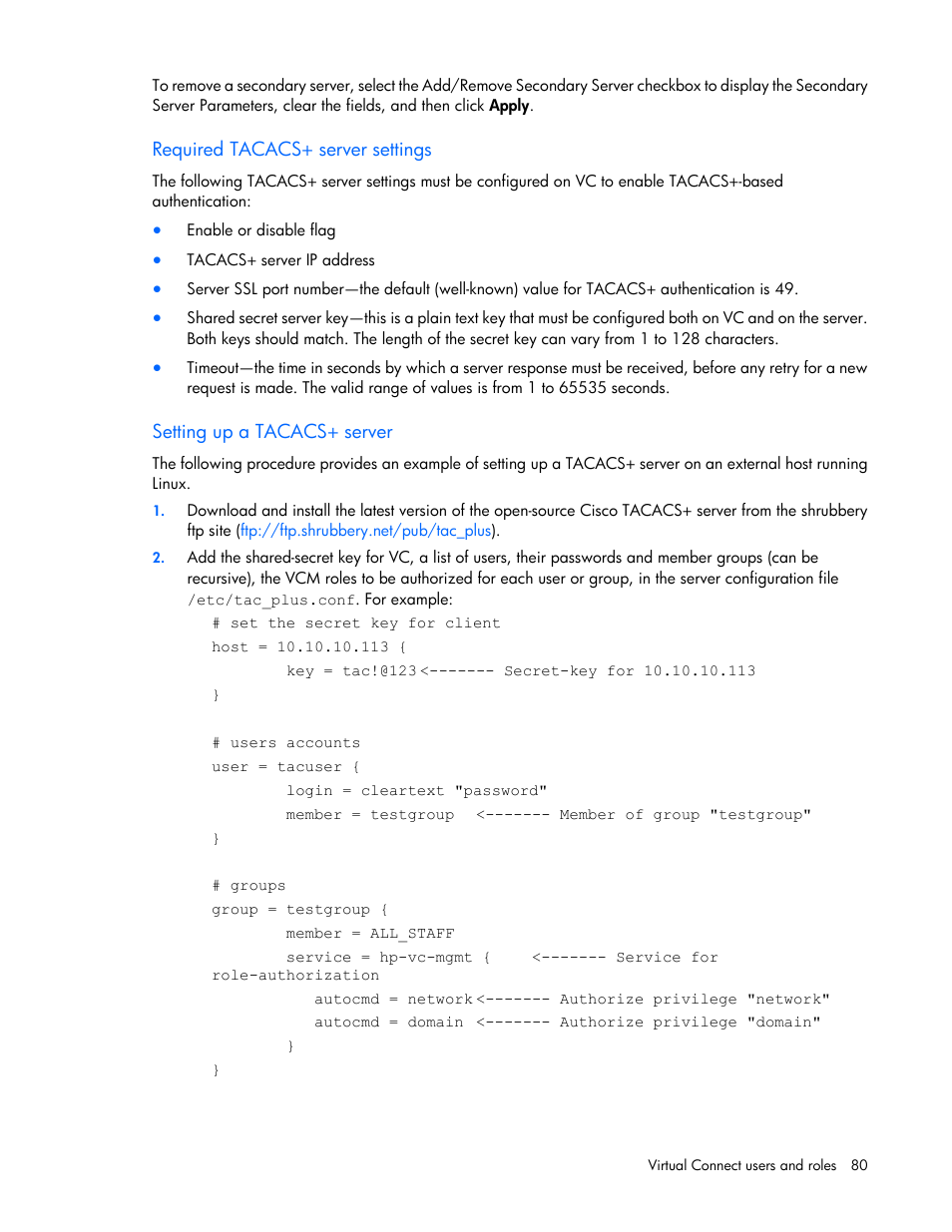 Required tacacs+ server settings, Setting up a tacacs+ server | HP Virtual Connect Flex-10 10Gb Ethernet Module for c-Class BladeSystem User Manual | Page 80 / 290