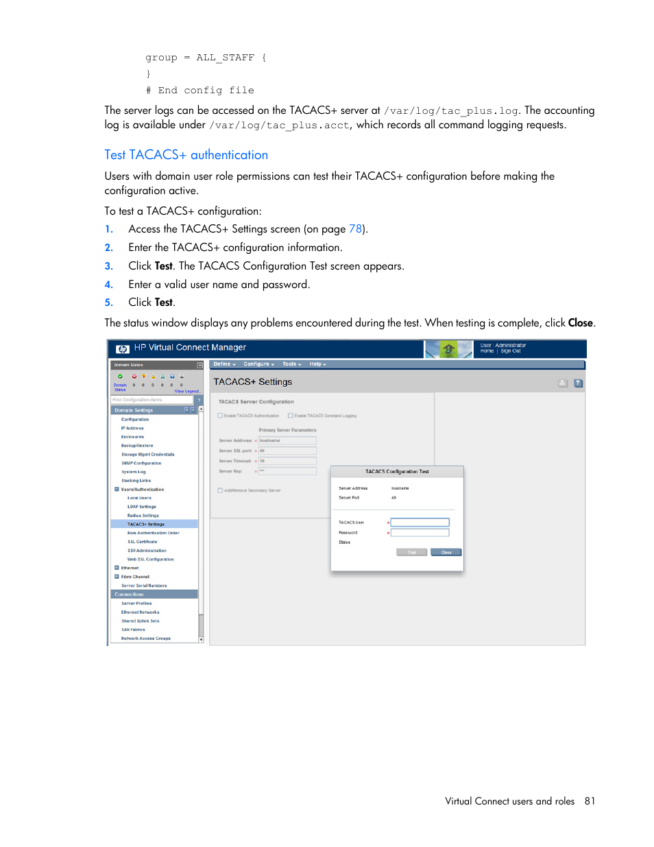 Test tacacs+ authentication | HP Virtual Connect Flex-10 10Gb Ethernet Module for c-Class BladeSystem User Manual | Page 81 / 290