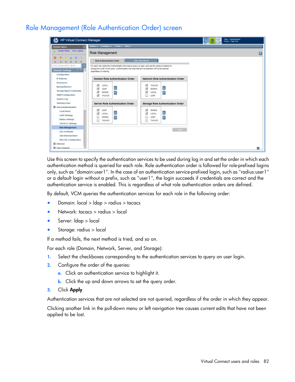 Role management (role authentication order) screen | HP Virtual Connect Flex-10 10Gb Ethernet Module for c-Class BladeSystem User Manual | Page 82 / 290