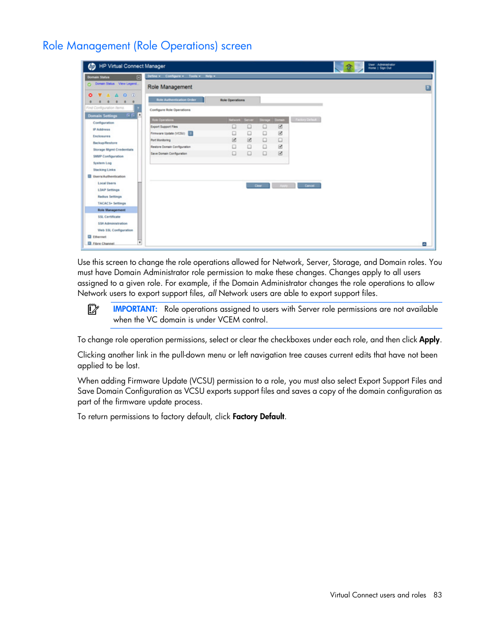 Role management (role operations) screen | HP Virtual Connect Flex-10 10Gb Ethernet Module for c-Class BladeSystem User Manual | Page 83 / 290