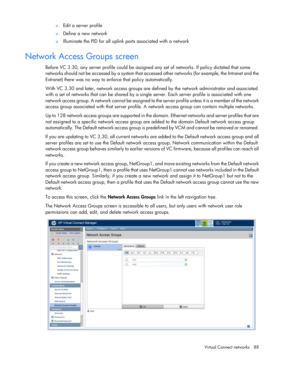 Network access groups screen | HP Virtual Connect Flex-10 10Gb Ethernet Module for c-Class BladeSystem User Manual | Page 88 / 290