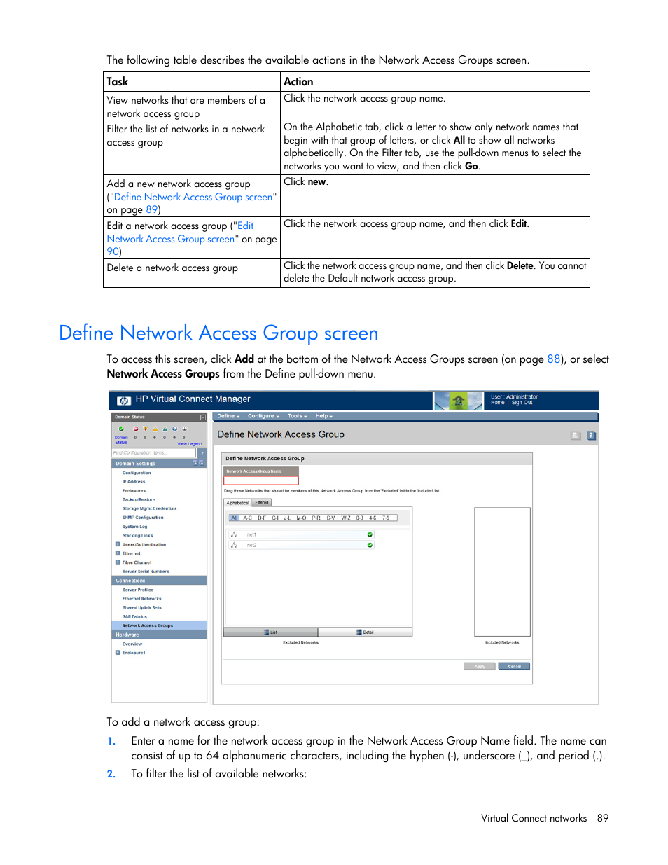 Define network access group screen | HP Virtual Connect Flex-10 10Gb Ethernet Module for c-Class BladeSystem User Manual | Page 89 / 290