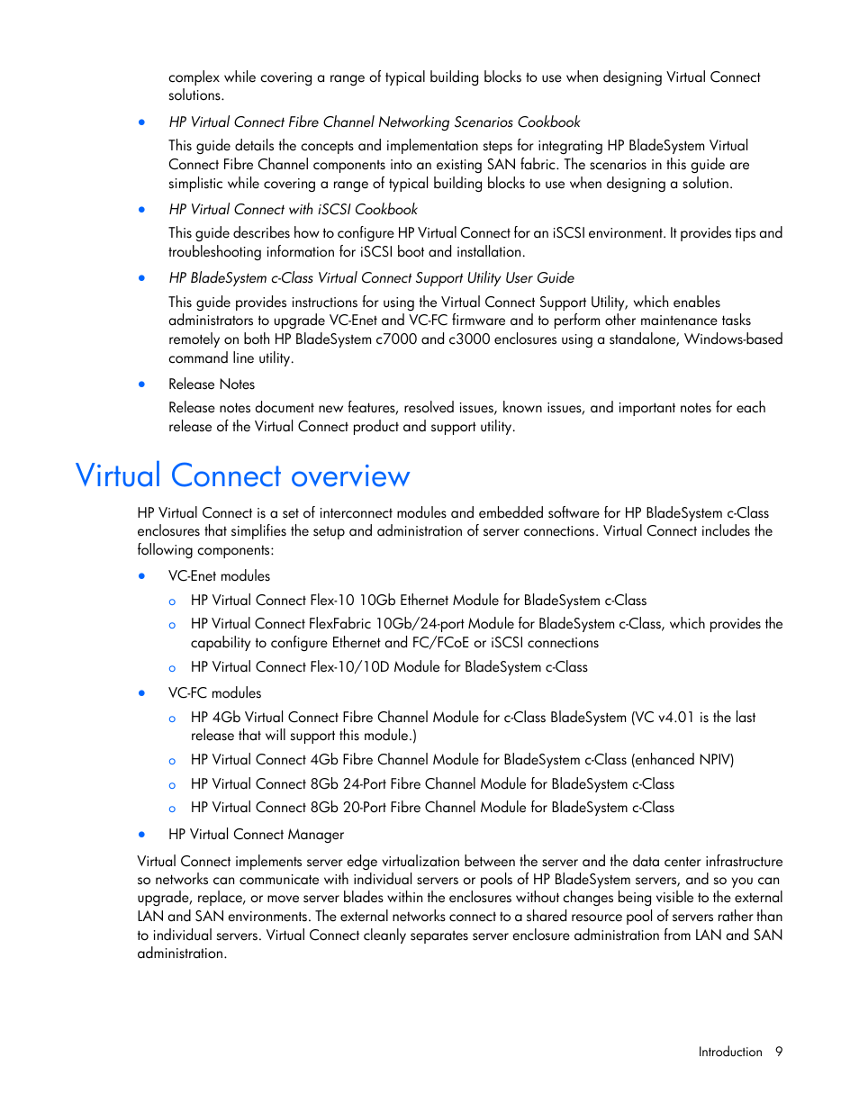 Virtual connect overview | HP Virtual Connect Flex-10 10Gb Ethernet Module for c-Class BladeSystem User Manual | Page 9 / 290