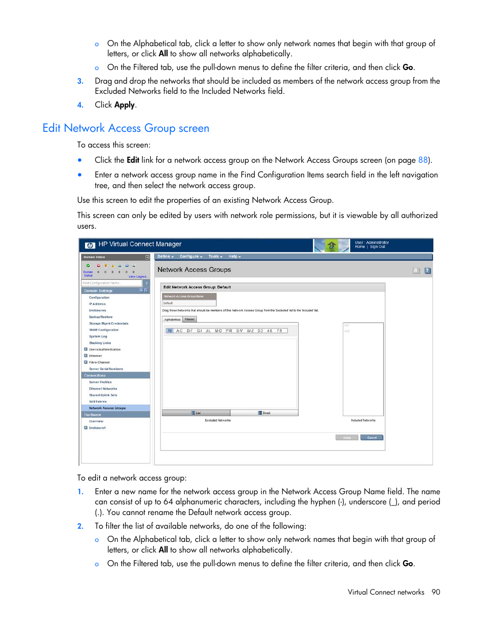 Edit network access group screen, Edit, Network access group screen | HP Virtual Connect Flex-10 10Gb Ethernet Module for c-Class BladeSystem User Manual | Page 90 / 290