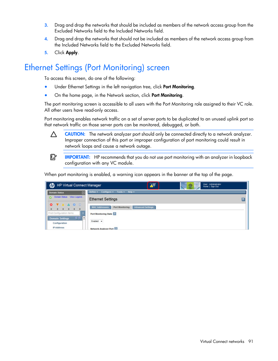 Ethernet settings (port monitoring) screen | HP Virtual Connect Flex-10 10Gb Ethernet Module for c-Class BladeSystem User Manual | Page 91 / 290