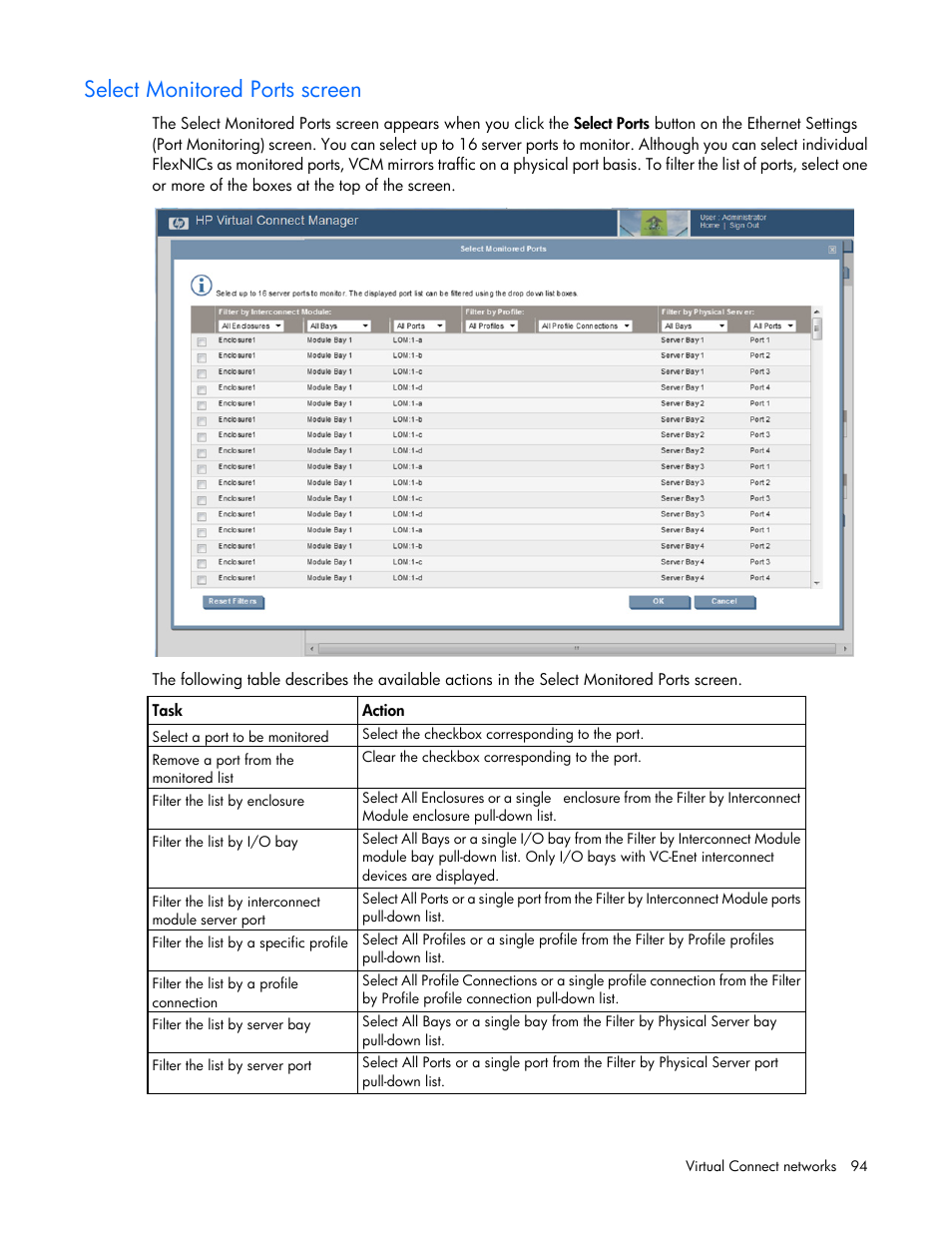 Select monitored ports screen | HP Virtual Connect Flex-10 10Gb Ethernet Module for c-Class BladeSystem User Manual | Page 94 / 290