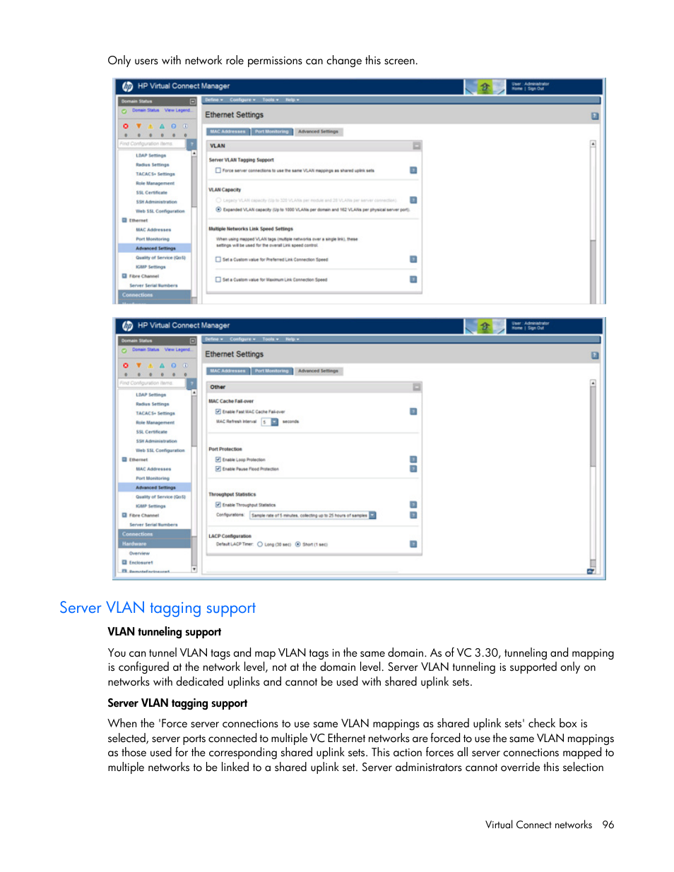 Server vlan tagging support | HP Virtual Connect Flex-10 10Gb Ethernet Module for c-Class BladeSystem User Manual | Page 96 / 290