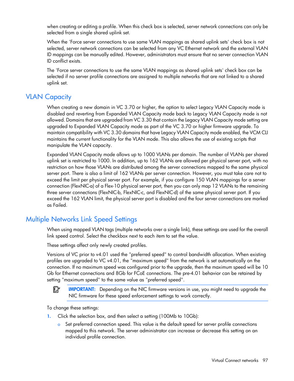 Vlan capacity, Multiple networks link speed settings | HP Virtual Connect Flex-10 10Gb Ethernet Module for c-Class BladeSystem User Manual | Page 97 / 290