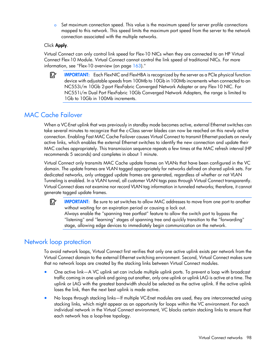 Mac cache failover, Network loop protection | HP Virtual Connect Flex-10 10Gb Ethernet Module for c-Class BladeSystem User Manual | Page 98 / 290