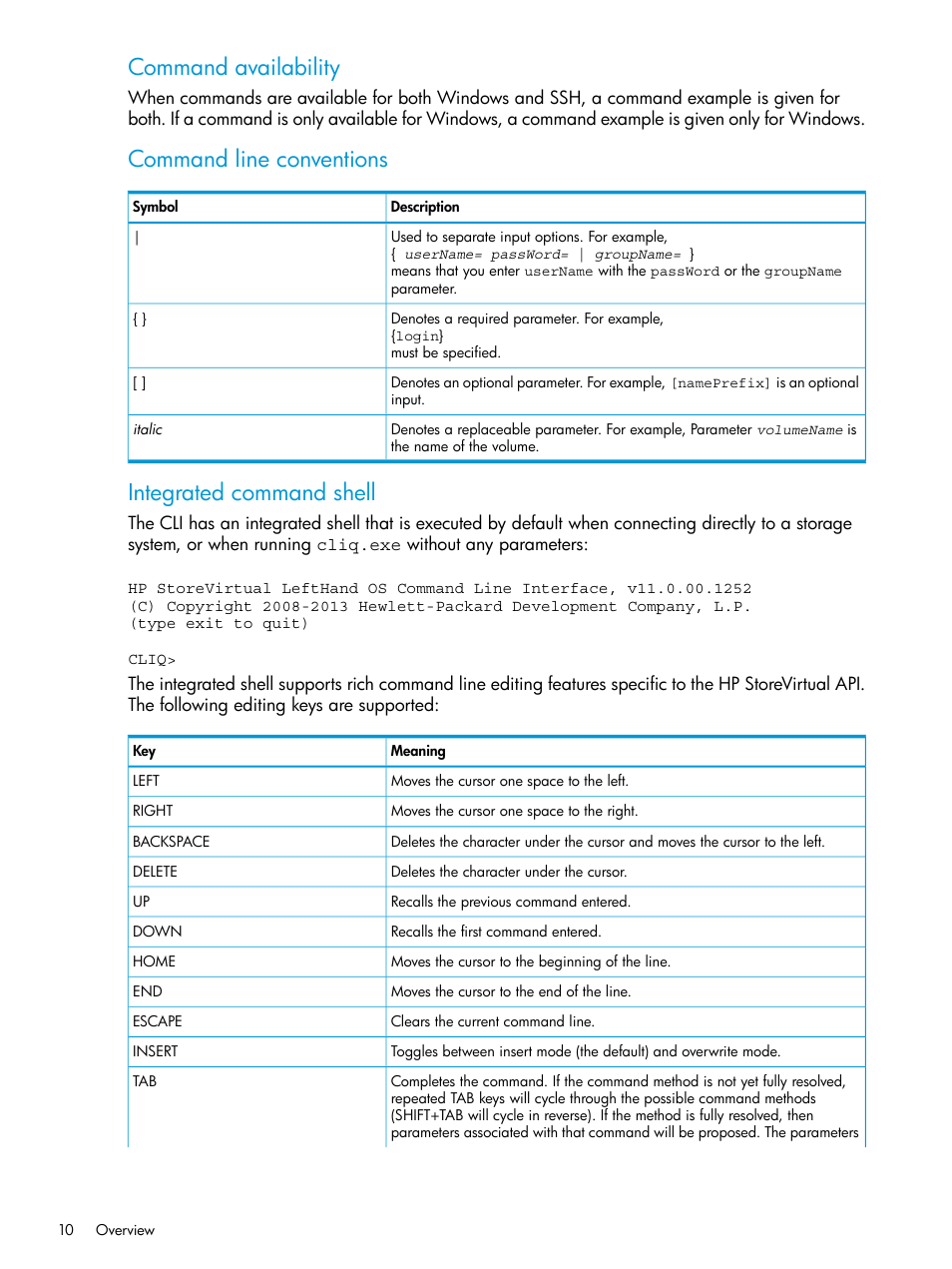 Command availability, Command line conventions, Integrated command shell | HP StoreVirtual 4000 Storage User Manual | Page 10 / 122