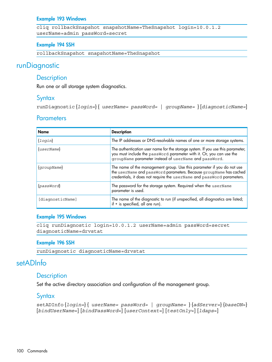 Rundiagnostic, Setadinfo, Rundiagnostic setadinfo | Description, Syntax, Parameters | HP StoreVirtual 4000 Storage User Manual | Page 100 / 122