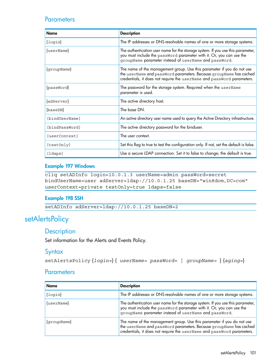 Setalertspolicy, Parameters, Description | Syntax | HP StoreVirtual 4000 Storage User Manual | Page 101 / 122