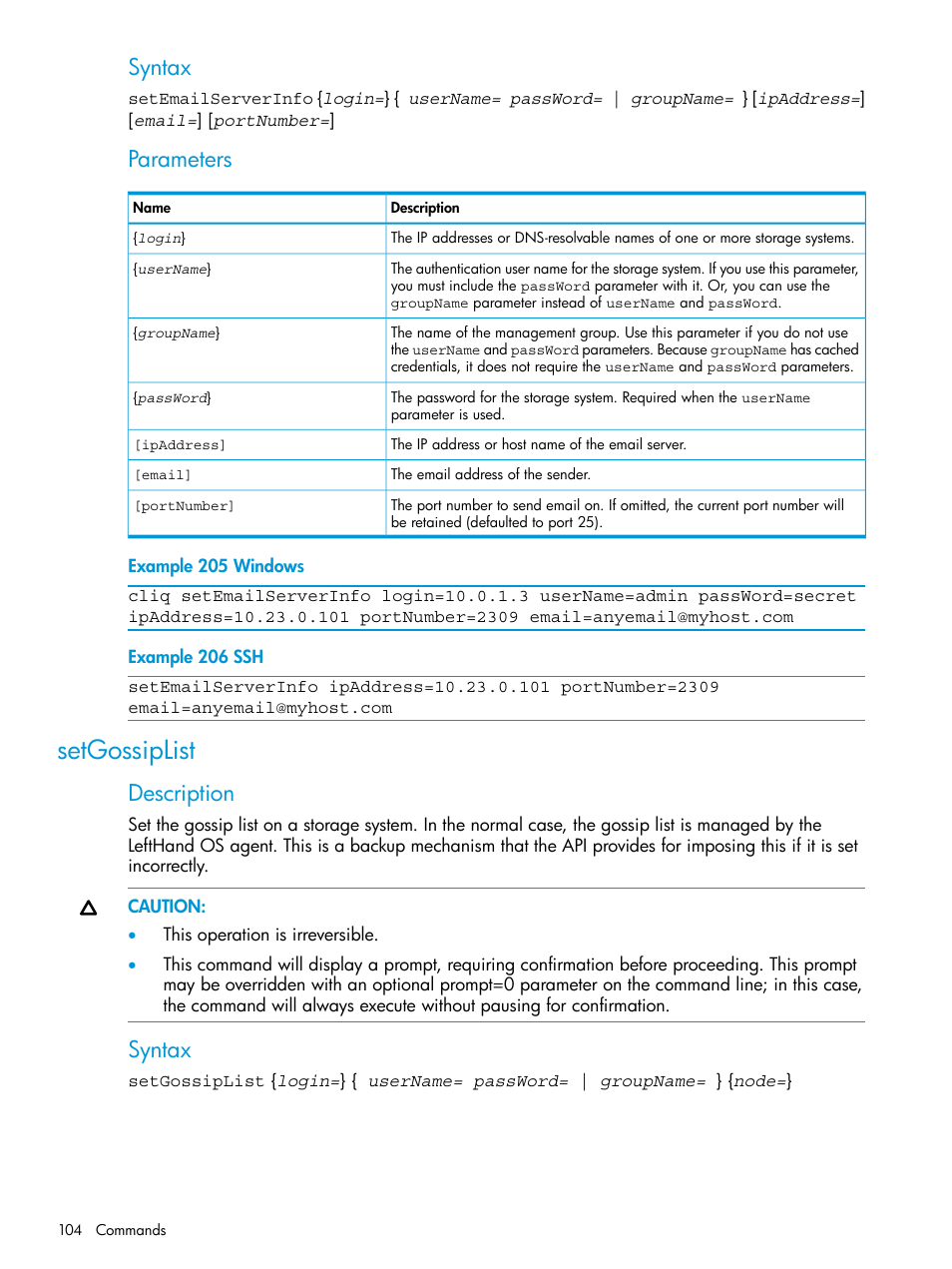 Setgossiplist, Syntax, Parameters | Description | HP StoreVirtual 4000 Storage User Manual | Page 104 / 122