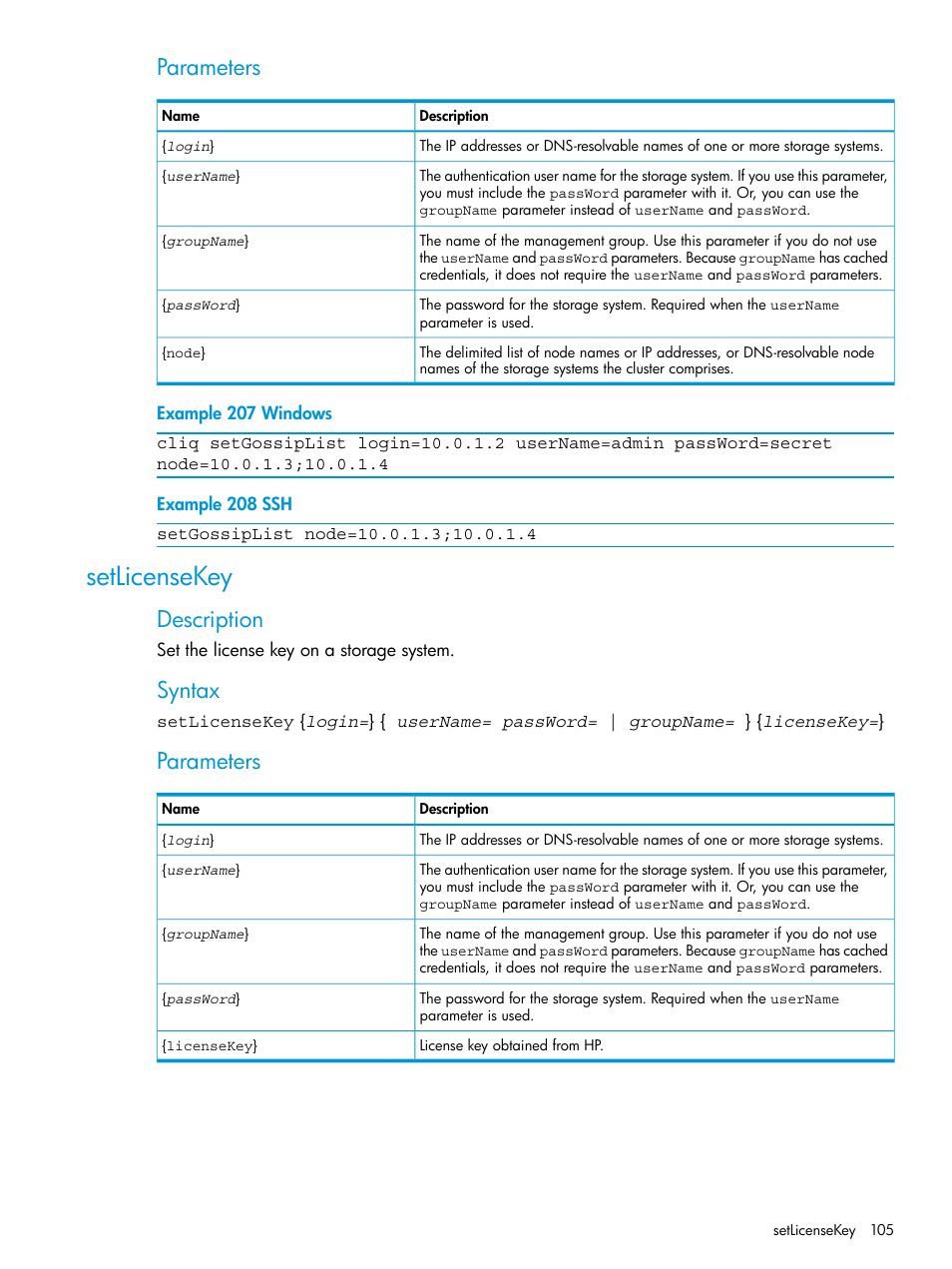 Setlicensekey, Parameters, Description | Syntax | HP StoreVirtual 4000 Storage User Manual | Page 105 / 122