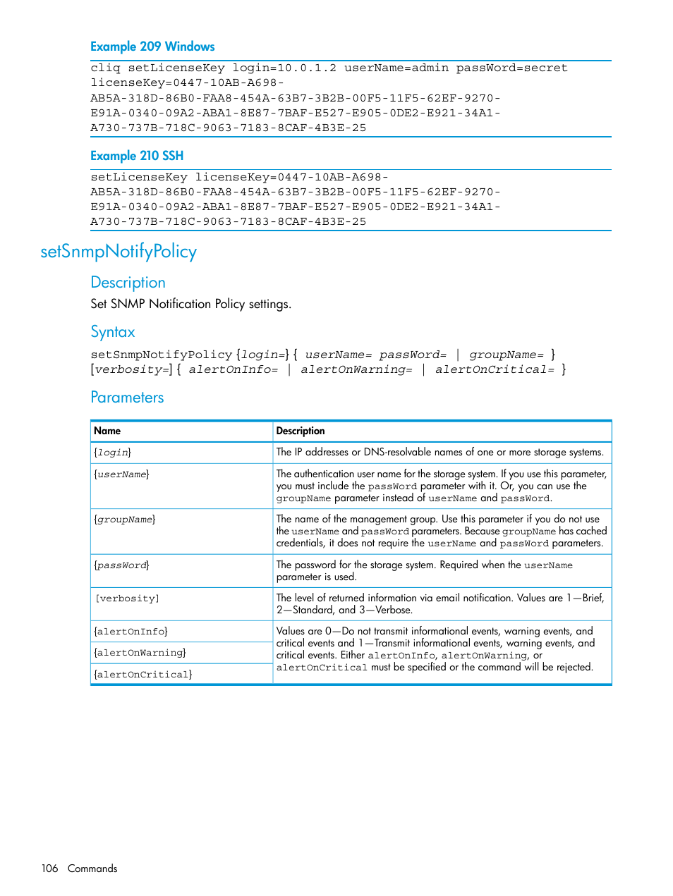 Setsnmpnotifypolicy, Description, Syntax | Parameters | HP StoreVirtual 4000 Storage User Manual | Page 106 / 122