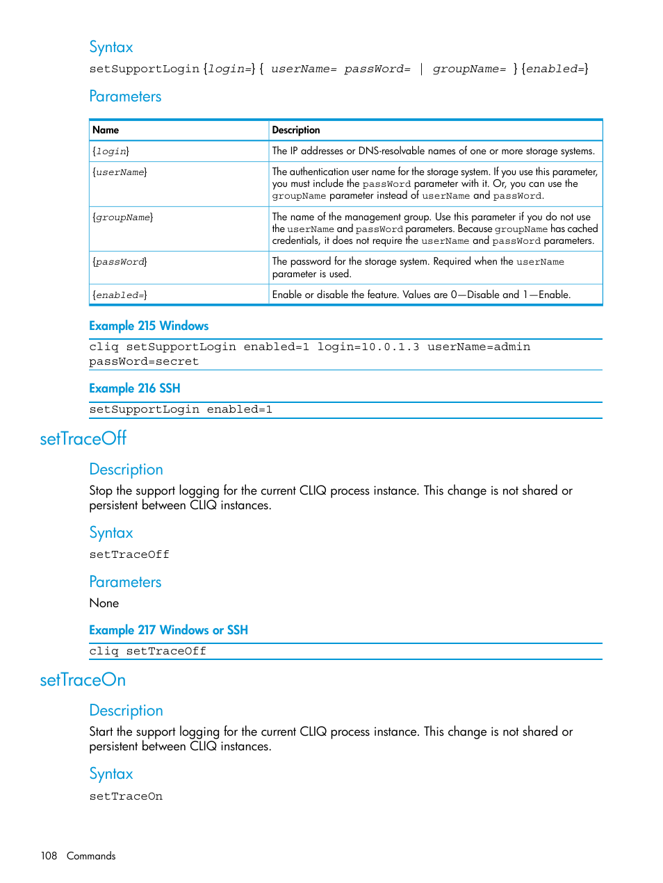 Settraceoff, Settraceon, Settraceoff settraceon | Syntax, Parameters, Description | HP StoreVirtual 4000 Storage User Manual | Page 108 / 122