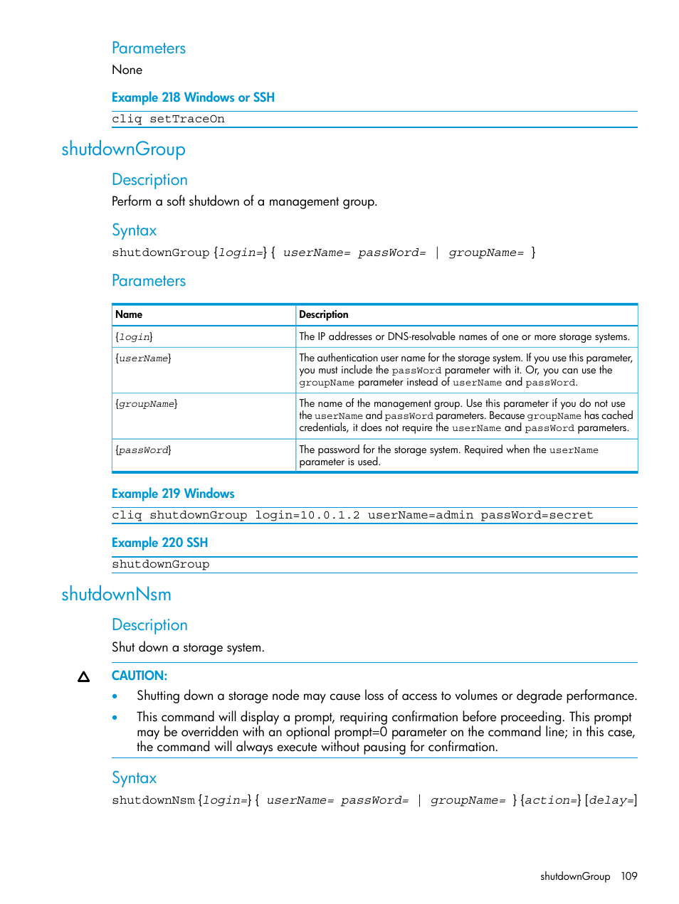 Shutdowngroup, Shutdownnsm, Shutdowngroup shutdownnsm | Parameters, Description, Syntax | HP StoreVirtual 4000 Storage User Manual | Page 109 / 122