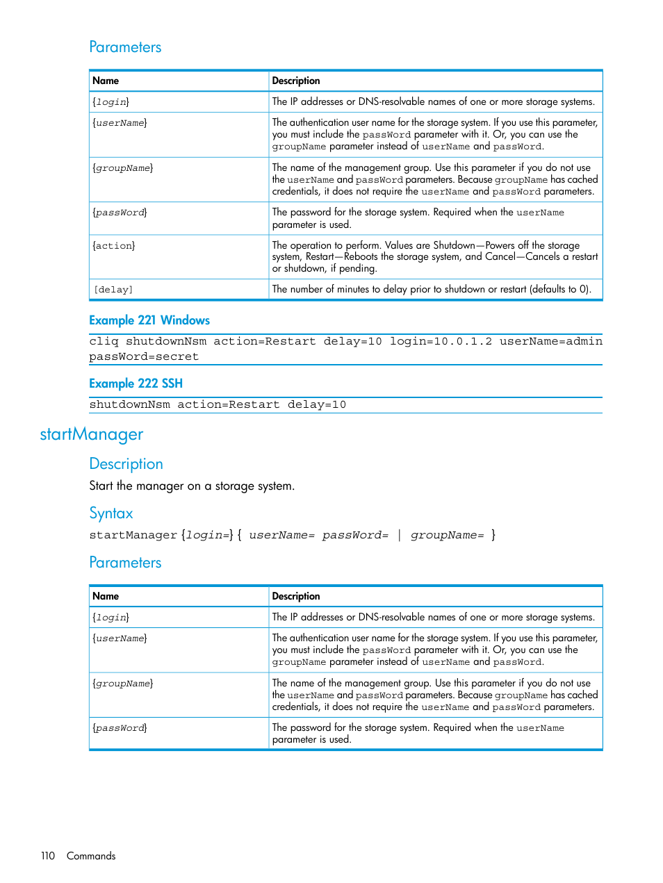 Startmanager, Parameters, Description | Syntax | HP StoreVirtual 4000 Storage User Manual | Page 110 / 122