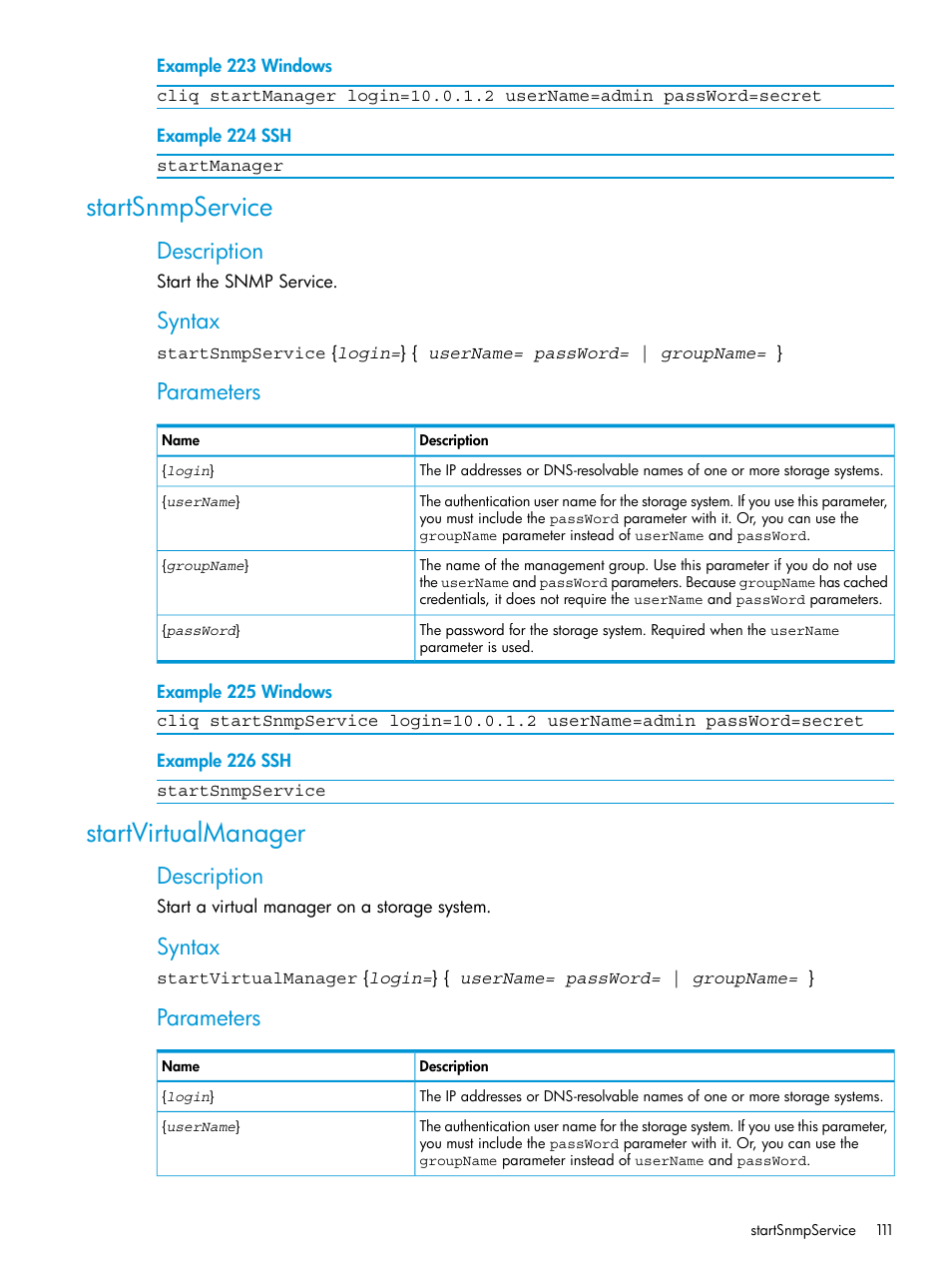 Startsnmpservice, Startvirtualmanager, Startsnmpservice startvirtualmanager | Description, Syntax, Parameters | HP StoreVirtual 4000 Storage User Manual | Page 111 / 122