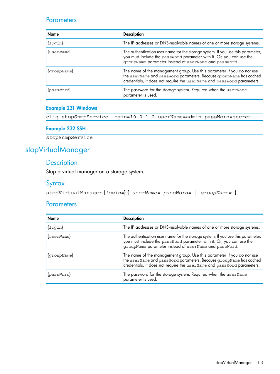 Stopvirtualmanager, Parameters, Description | Syntax | HP StoreVirtual 4000 Storage User Manual | Page 113 / 122