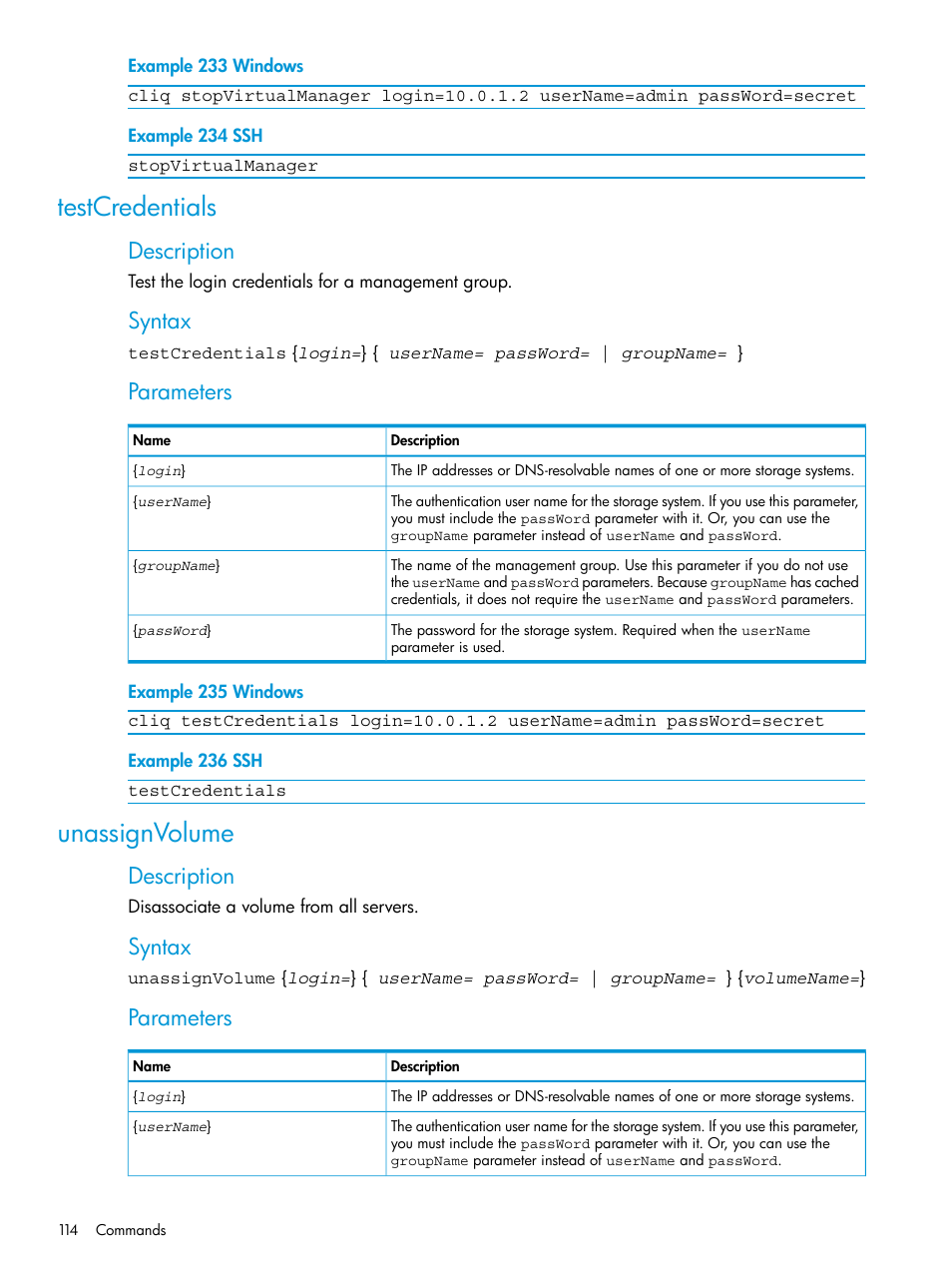 Testcredentials, Unassignvolume, Testcredentials unassignvolume | Description, Syntax, Parameters | HP StoreVirtual 4000 Storage User Manual | Page 114 / 122