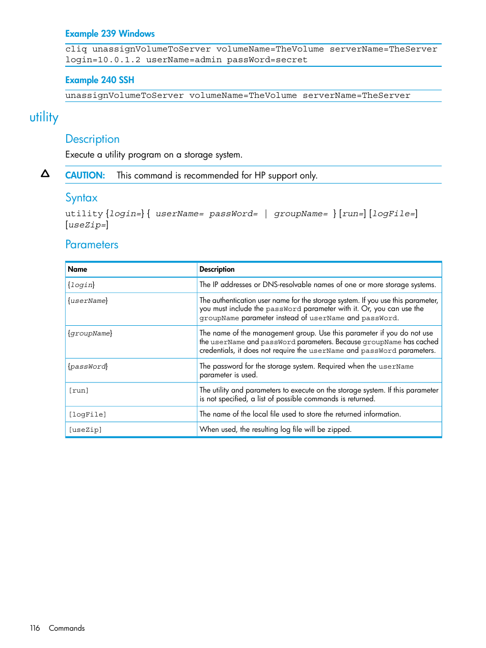 Utility, Description, Syntax | Parameters | HP StoreVirtual 4000 Storage User Manual | Page 116 / 122