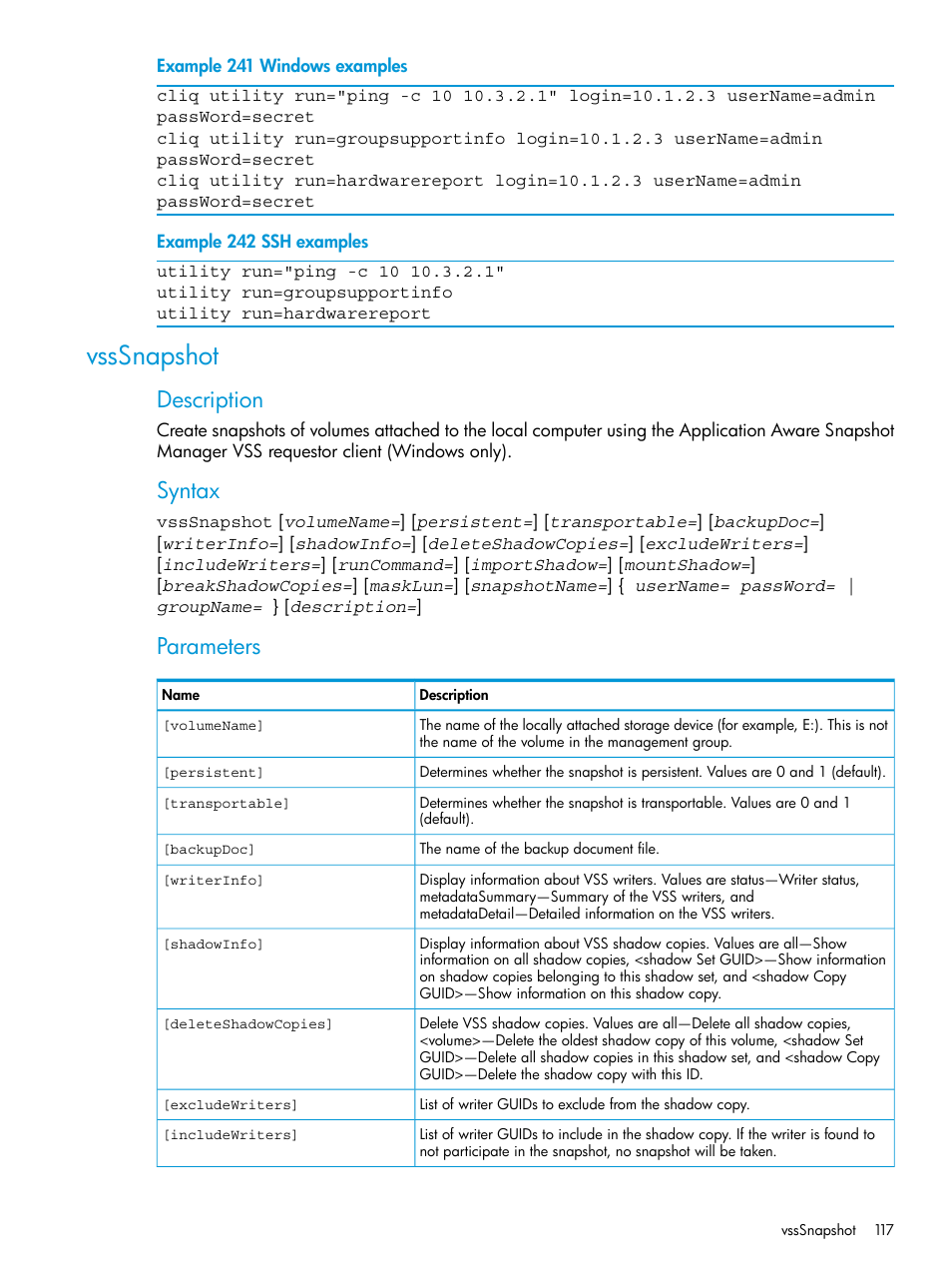Vsssnapshot, Description, Syntax | Parameters | HP StoreVirtual 4000 Storage User Manual | Page 117 / 122