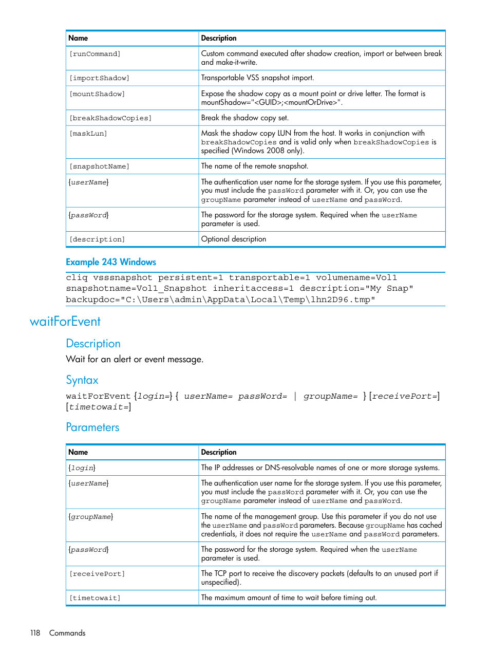 Waitforevent, Description, Syntax | Parameters | HP StoreVirtual 4000 Storage User Manual | Page 118 / 122