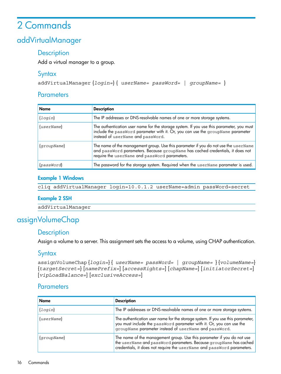 2 commands, Addvirtualmanager, Assignvolumechap | Addvirtualmanager assignvolumechap, Description, Syntax, Parameters | HP StoreVirtual 4000 Storage User Manual | Page 16 / 122