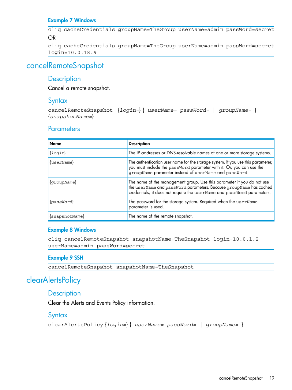 Cancelremotesnapshot, Clearalertspolicy, Cancelremotesnapshot clearalertspolicy | Description, Syntax, Parameters | HP StoreVirtual 4000 Storage User Manual | Page 19 / 122
