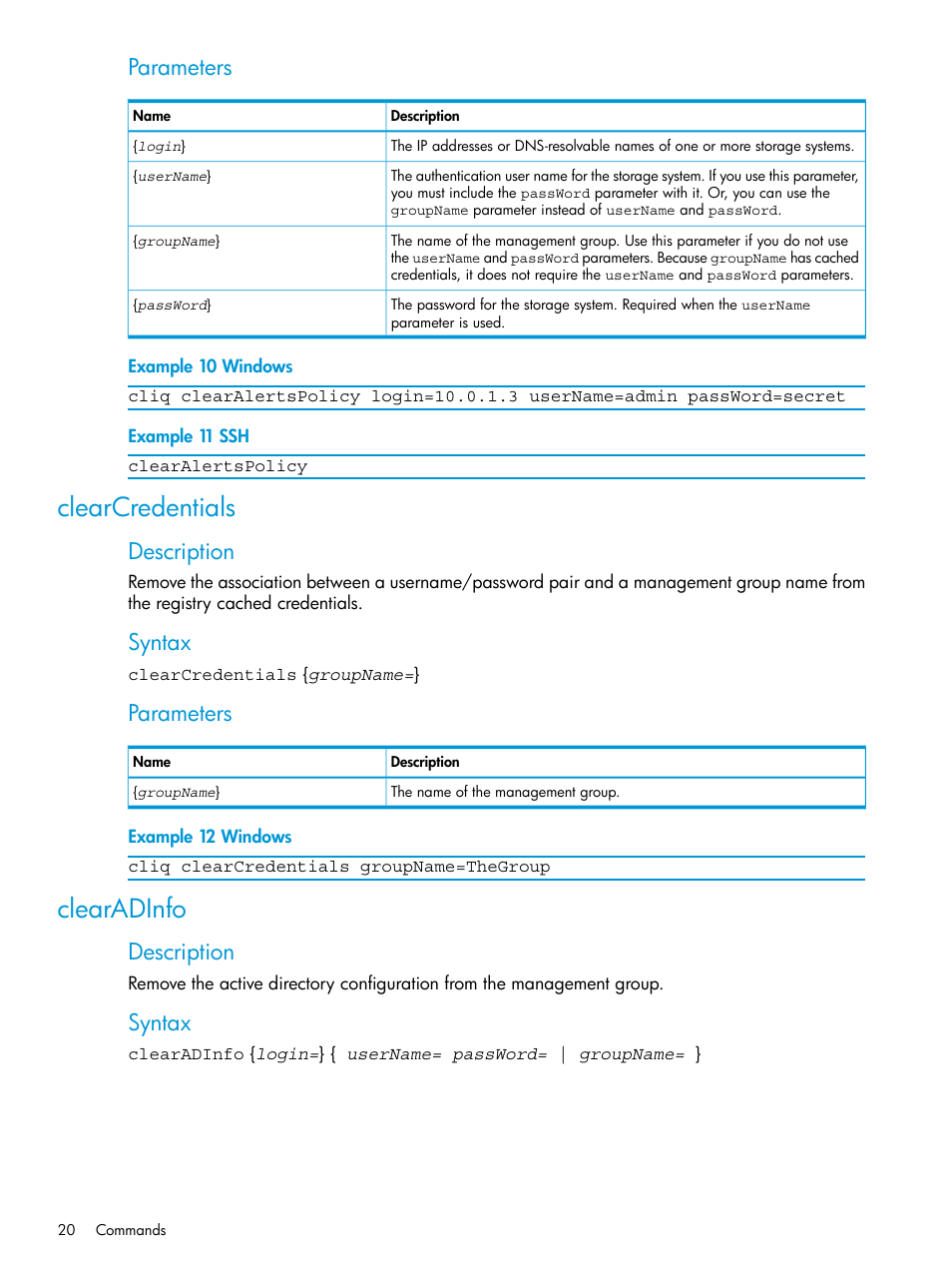 Clearcredentials, Clearadinfo, Clearcredentials clearadinfo | Parameters, Description, Syntax | HP StoreVirtual 4000 Storage User Manual | Page 20 / 122