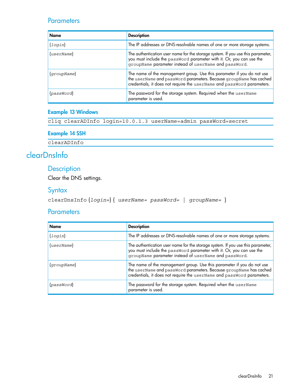 Cleardnsinfo, Parameters, Description | Syntax | HP StoreVirtual 4000 Storage User Manual | Page 21 / 122