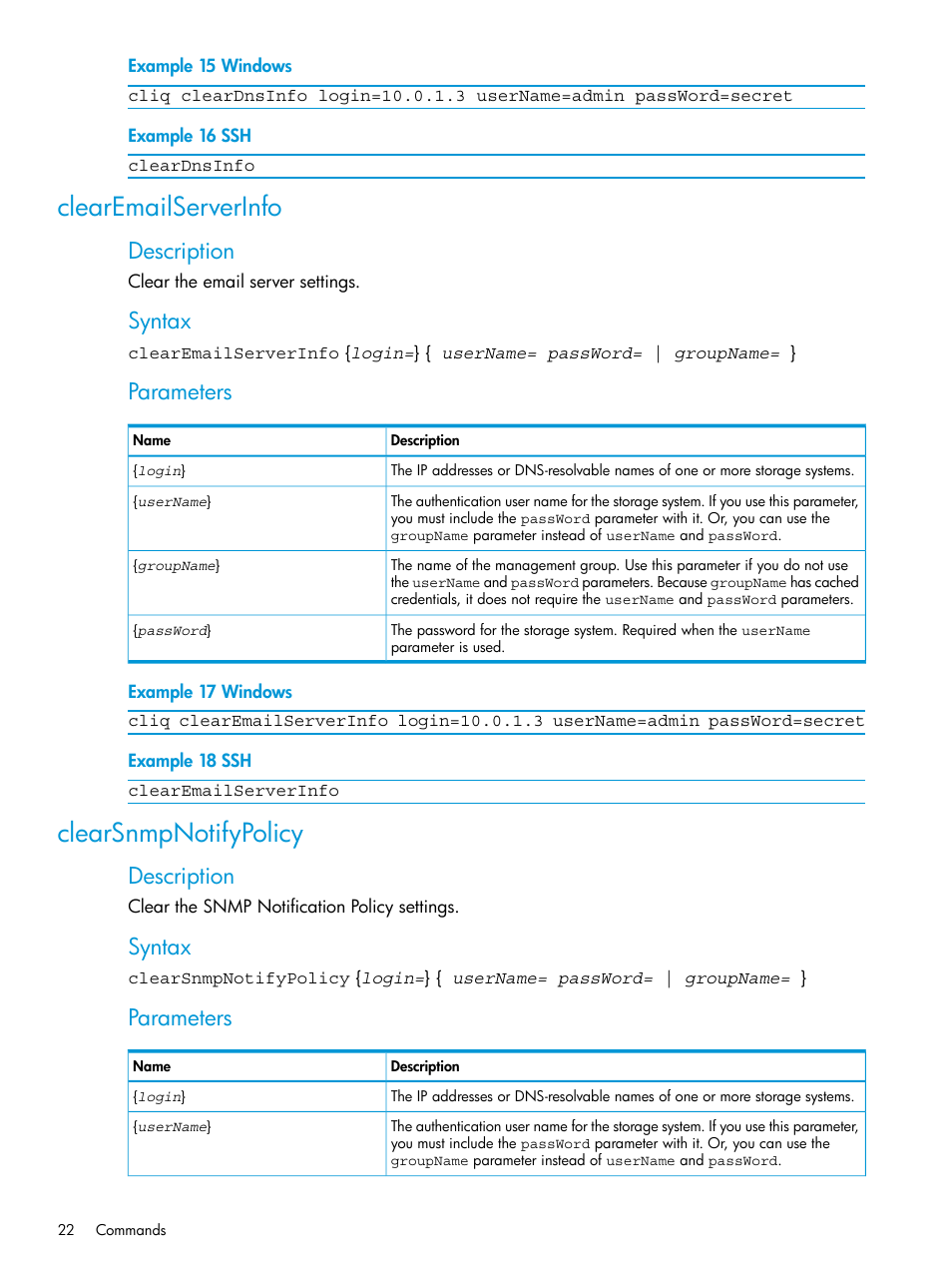 Clearemailserverinfo, Clearsnmpnotifypolicy, Clearemailserverinfo clearsnmpnotifypolicy | Description, Syntax, Parameters | HP StoreVirtual 4000 Storage User Manual | Page 22 / 122