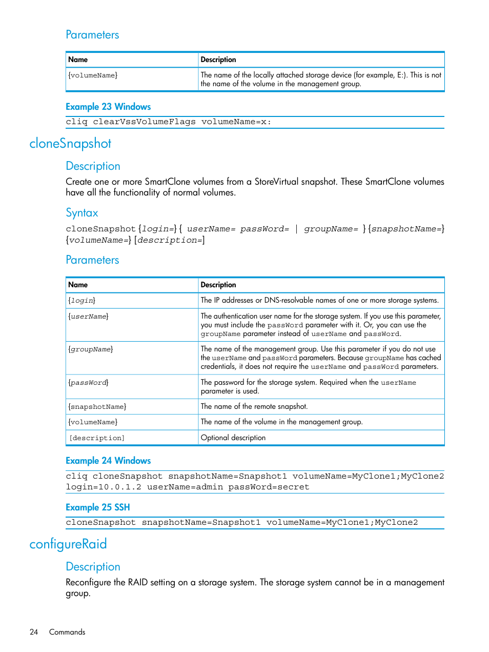 Clonesnapshot, Configureraid, Clonesnapshot configureraid | Parameters, Description, Syntax | HP StoreVirtual 4000 Storage User Manual | Page 24 / 122