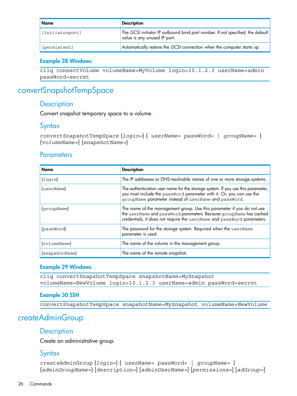 Convertsnapshottempspace, Createadmingroup, Convertsnapshottempspace createadmingroup | Description, Syntax, Parameters | HP StoreVirtual 4000 Storage User Manual | Page 26 / 122