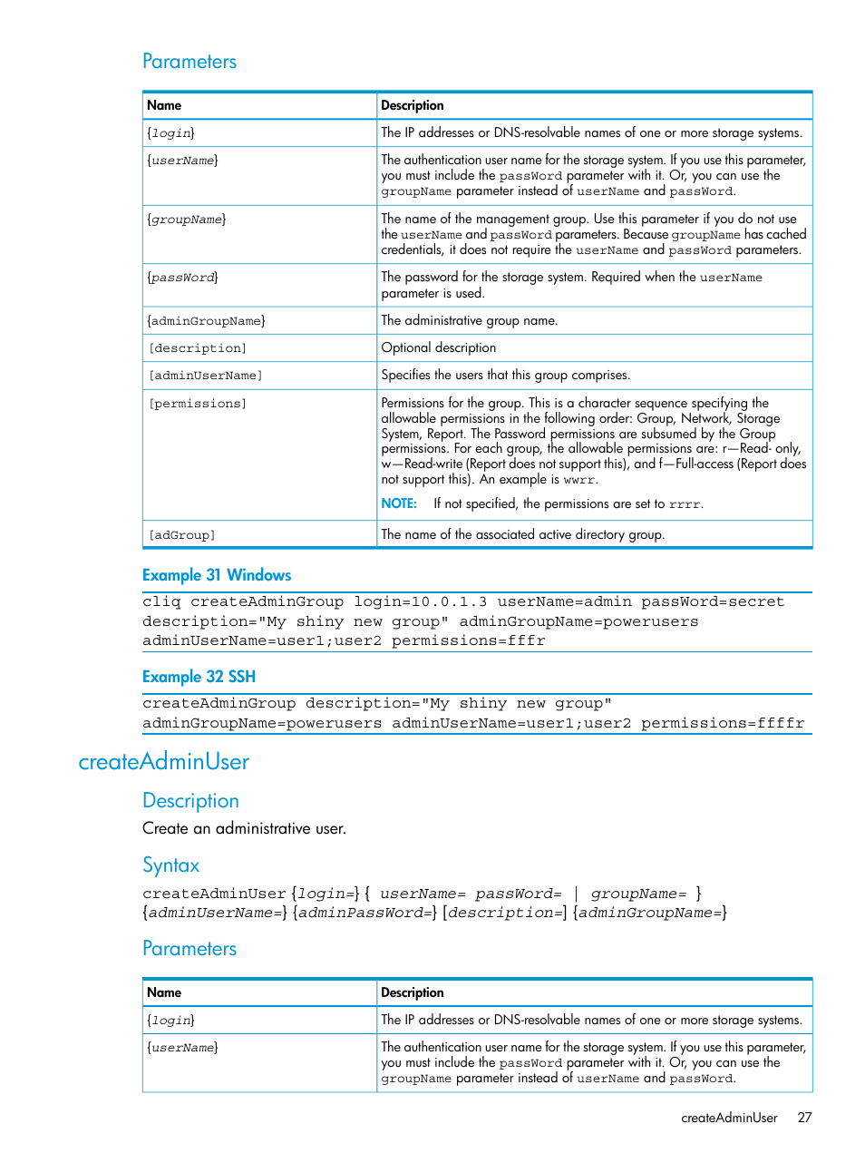 Createadminuser, Parameters, Description | Syntax | HP StoreVirtual 4000 Storage User Manual | Page 27 / 122