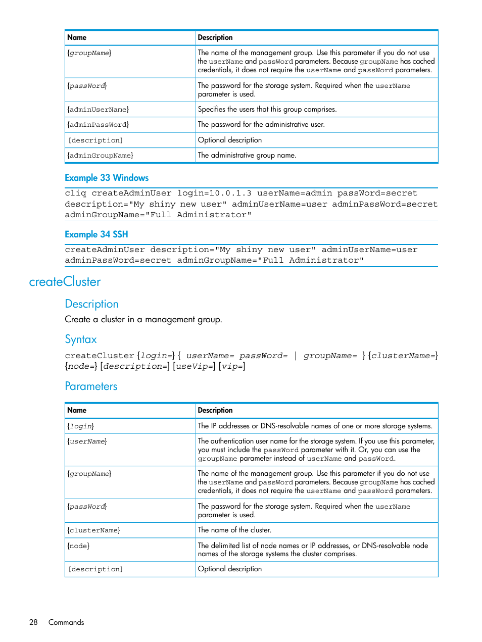 Createcluster, Description, Syntax | Parameters | HP StoreVirtual 4000 Storage User Manual | Page 28 / 122