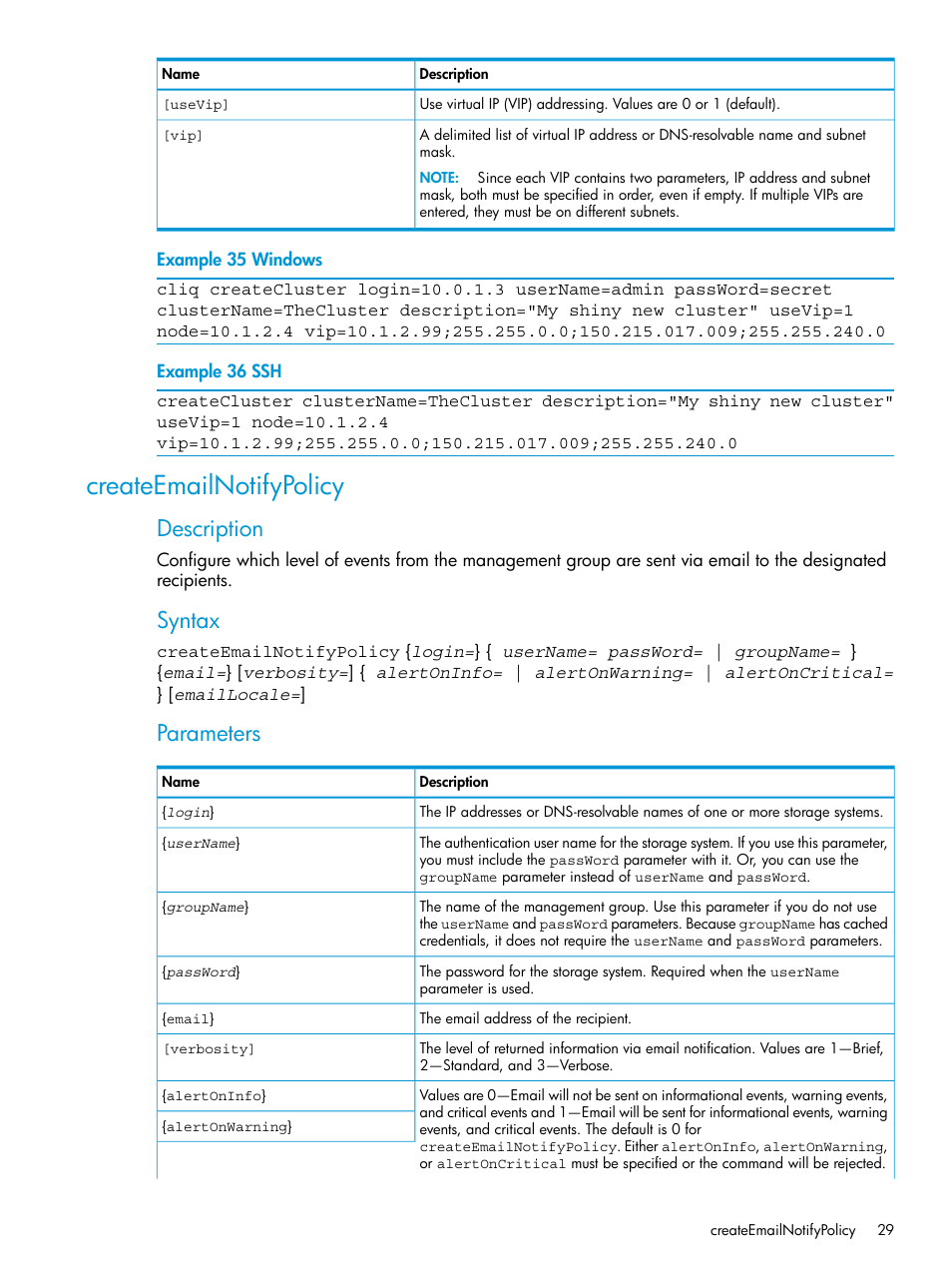 Createemailnotifypolicy, Description, Syntax | Parameters | HP StoreVirtual 4000 Storage User Manual | Page 29 / 122